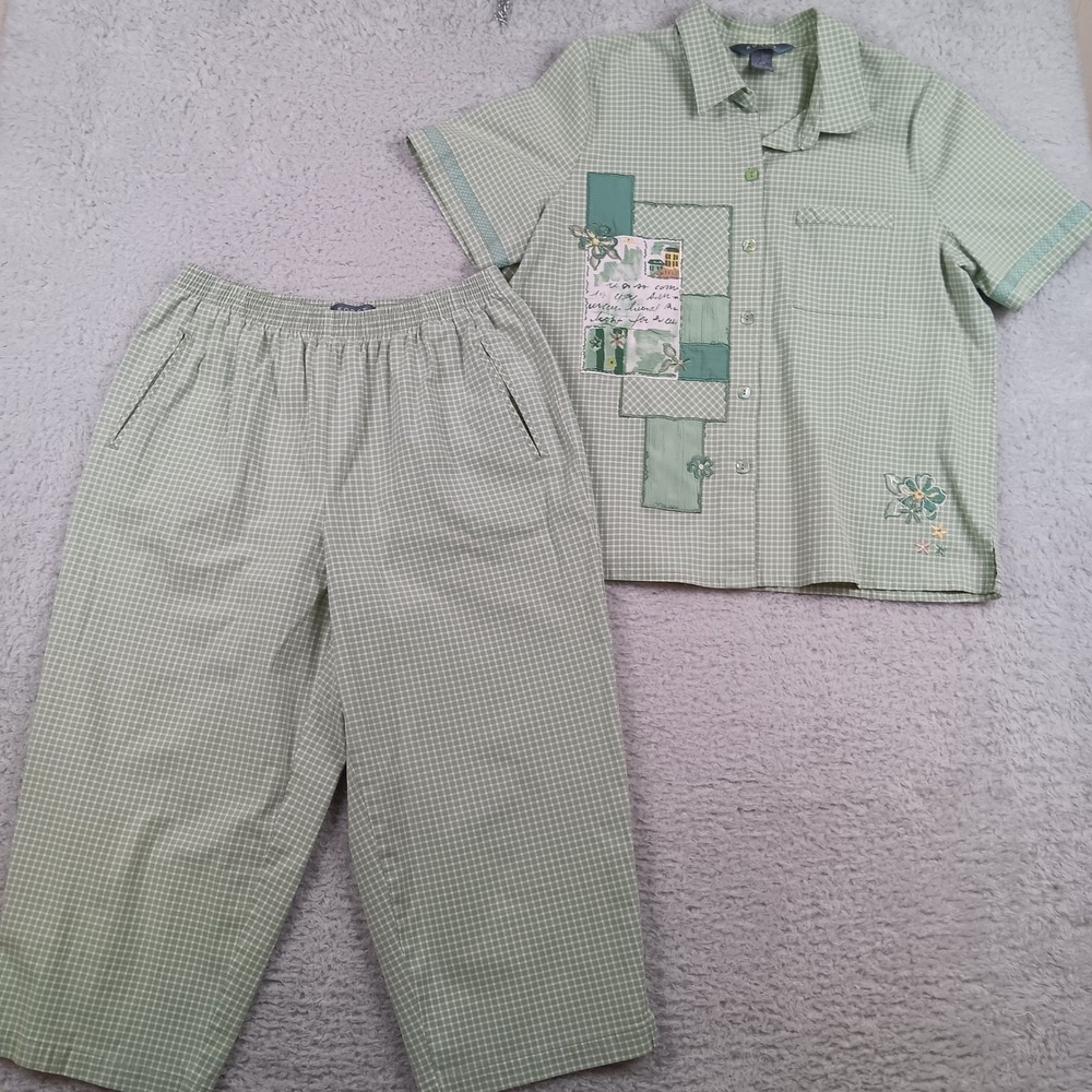 Koret Pant Set Woman 16W Green Gingham Patchwork Floral Short Sleeve 208E442